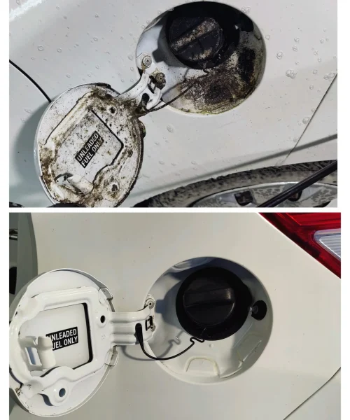 Schoongemaakte tankklep en rand tijdens exterieurreiniging in Heerhugowaard